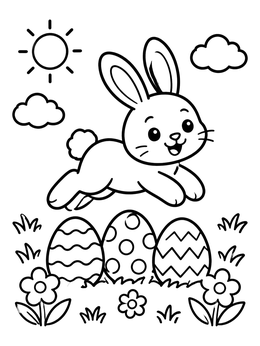 Free printable Cute Bunny Hopping Over Easter Eggs coloring page