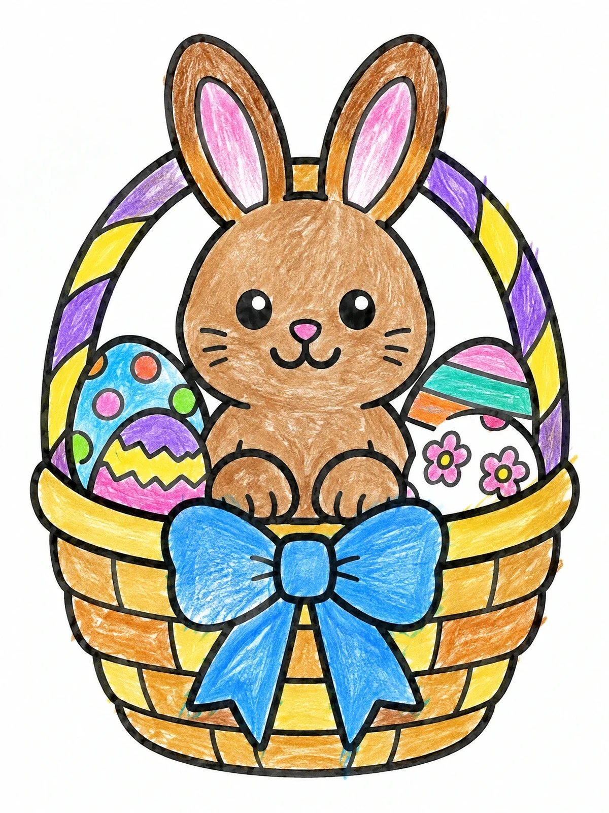 Colored example of the Cute Easter Bunny In Basket coloring page