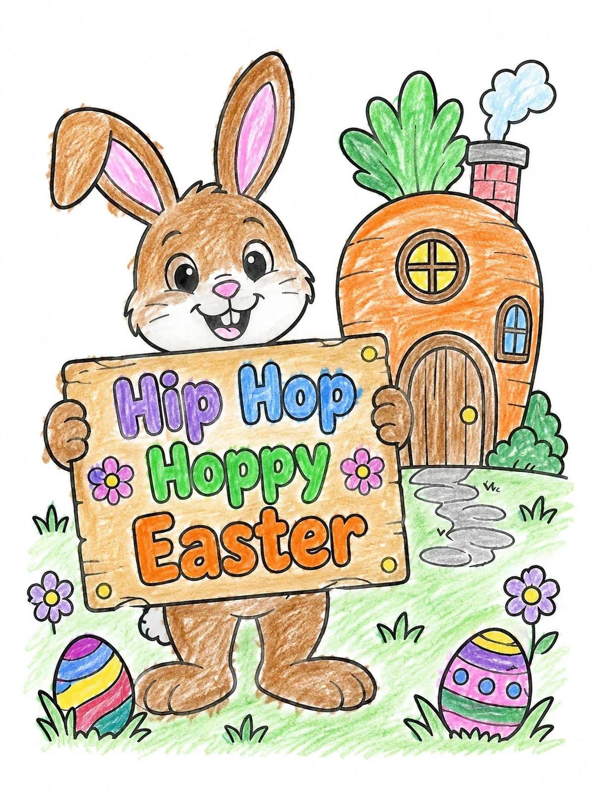Colored example of the Easter Bunny With Carrot House coloring page