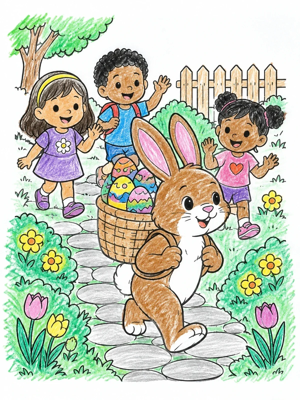 Colored example of the Easter Bunny Leading Children On Path coloring page