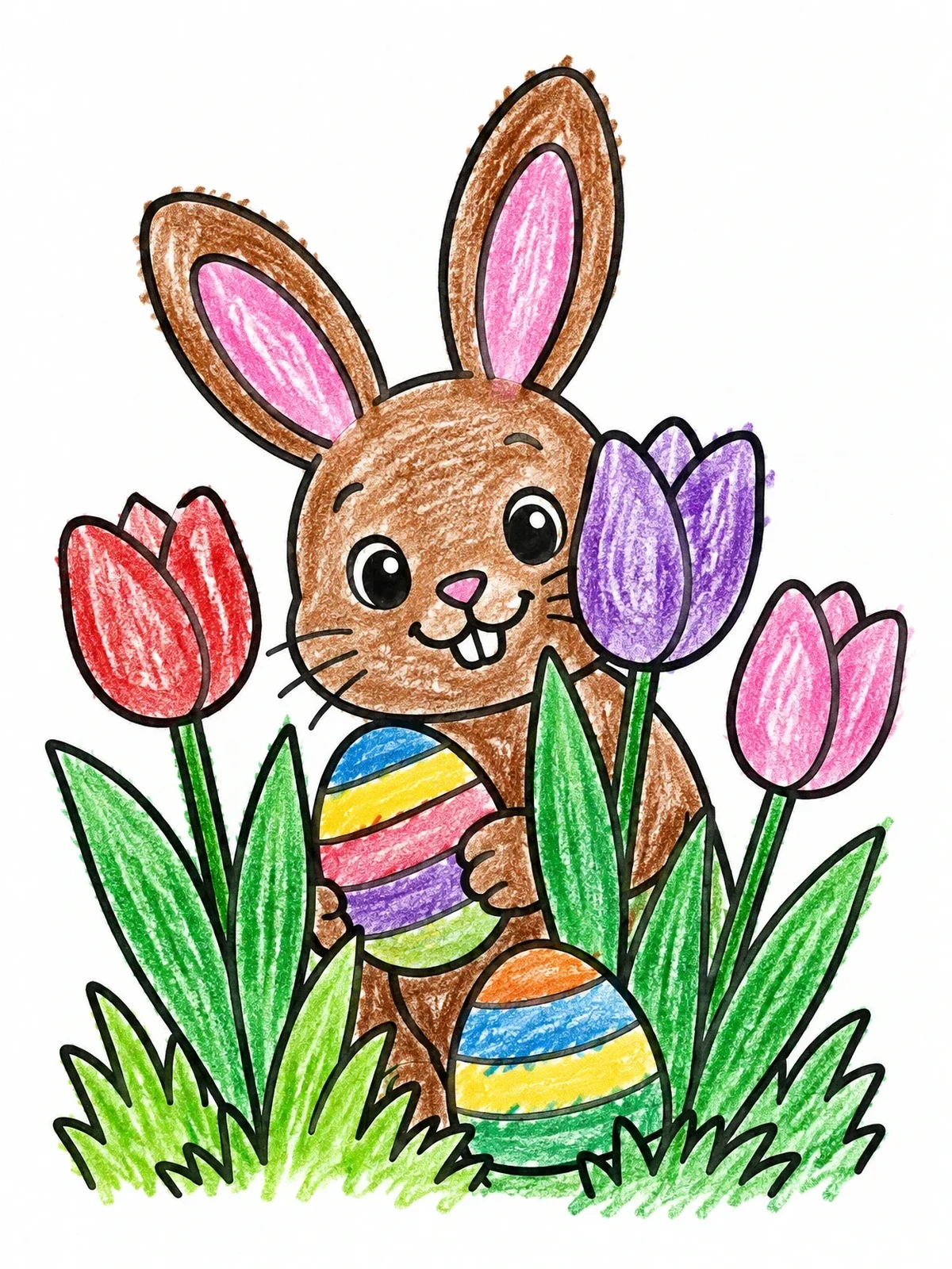 Colored example of the Easter Bunny With Spring Tulips coloring page