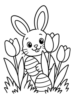 Free printable Easter Bunny With Spring Tulips coloring page