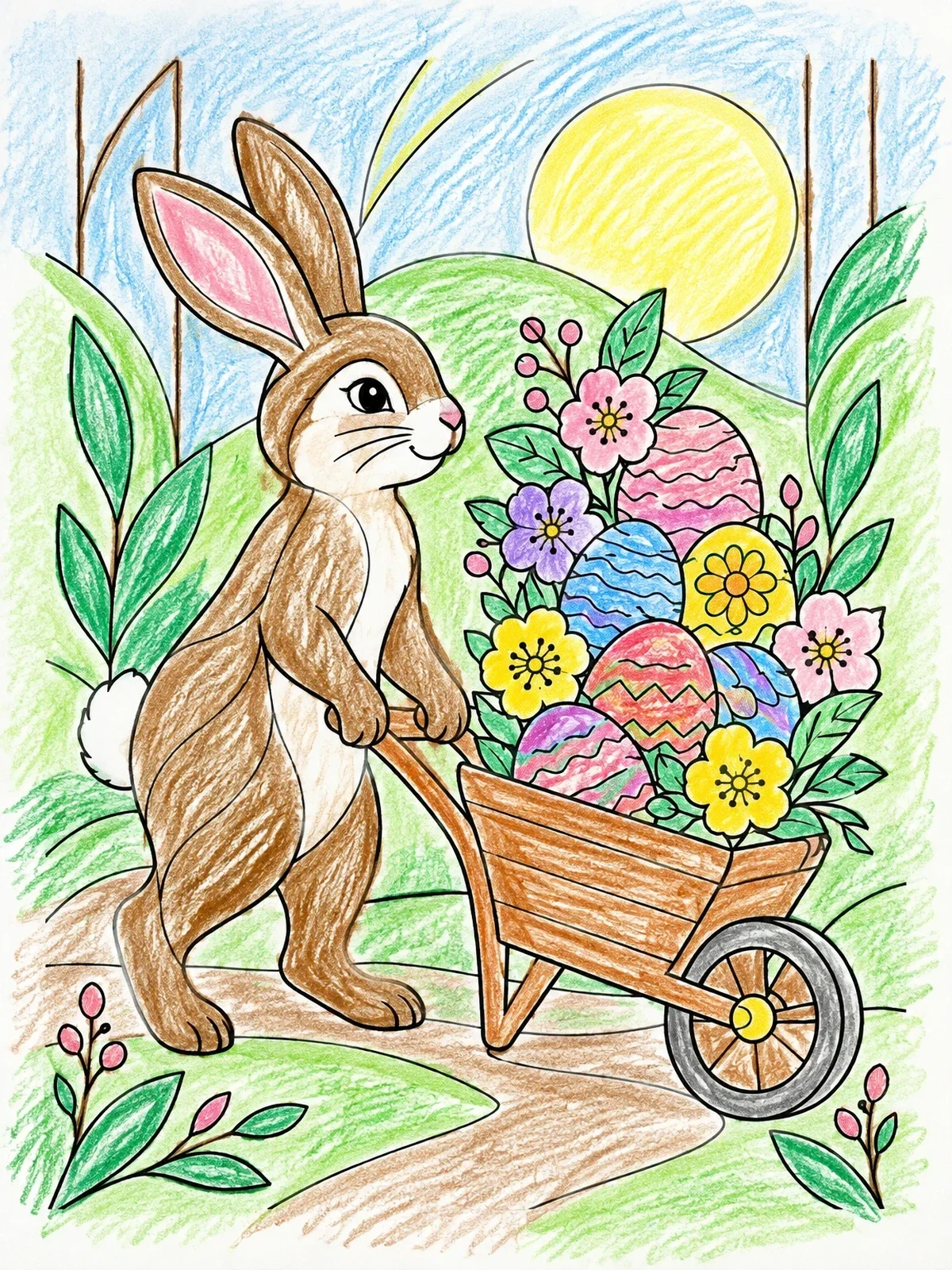 Colored example of the Easter Bunny Pushing Spring Wheelbarrow coloring page