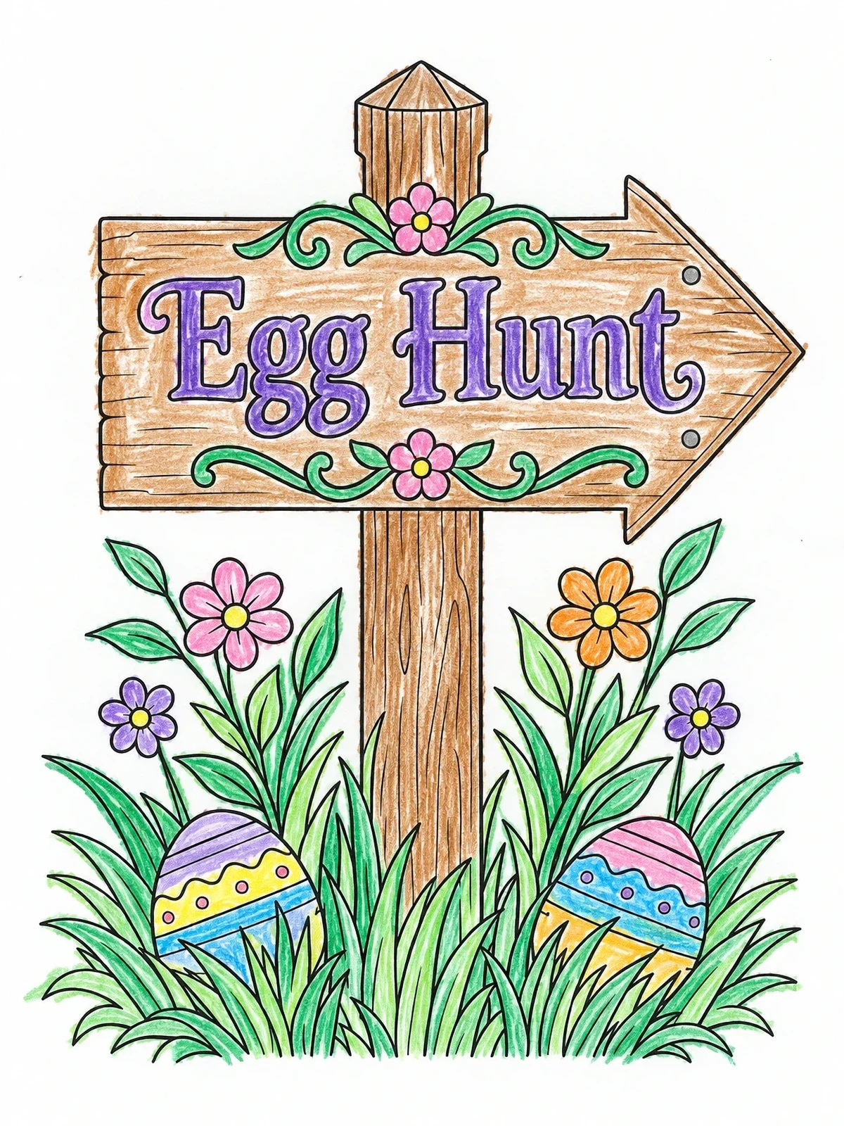Colored example of the Easter Egg Hunt Garden Sign coloring page