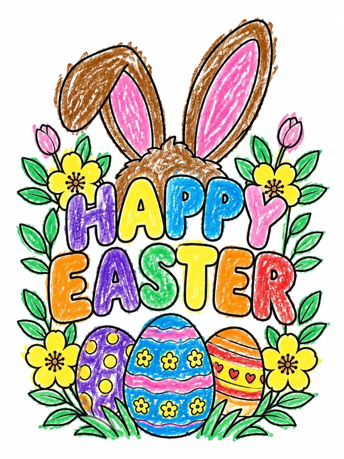 Colored example of the Happy Easter Bunny Ears And Eggs coloring page