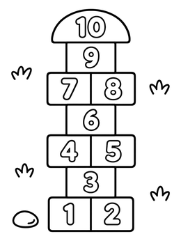 A numbered hopscotch court and pebble on this simple playground coloring page.