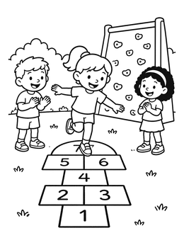 Kids cheering as a girl plays hopscotch in this fun playground coloring page.