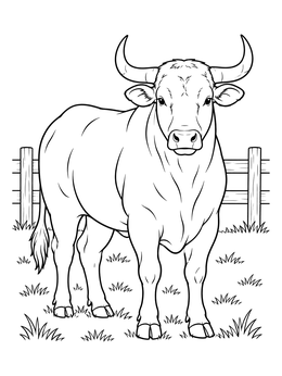 Detailed bull coloring page showing a strong horned bull standing in front of a wooden fence.