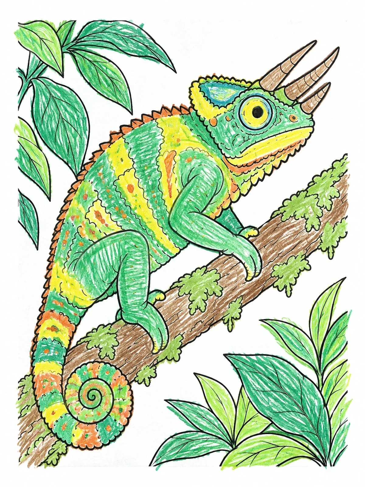 Colored example of the Horned Chameleon On A Branch coloring page
