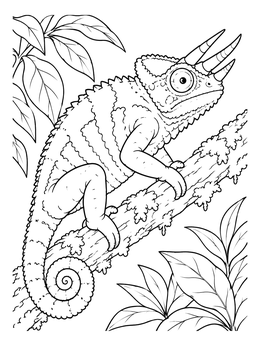 A detailed chameleon coloring page with a horned chameleon climbing a leafy tree branch.