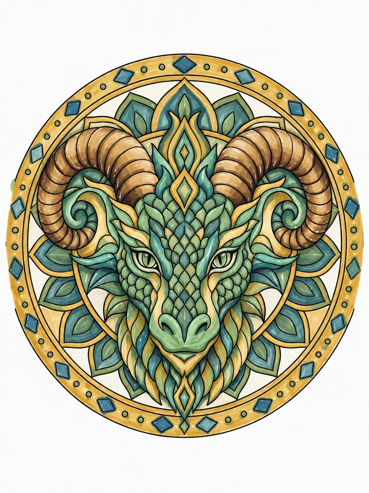 Colored example of the Horned Dragon Mandala coloring page