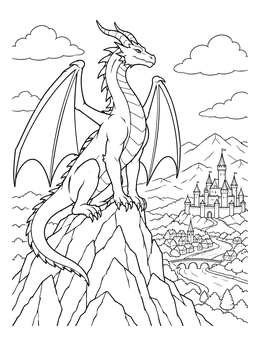 A proud horned dragon perched above a castle on this dragon coloring page.