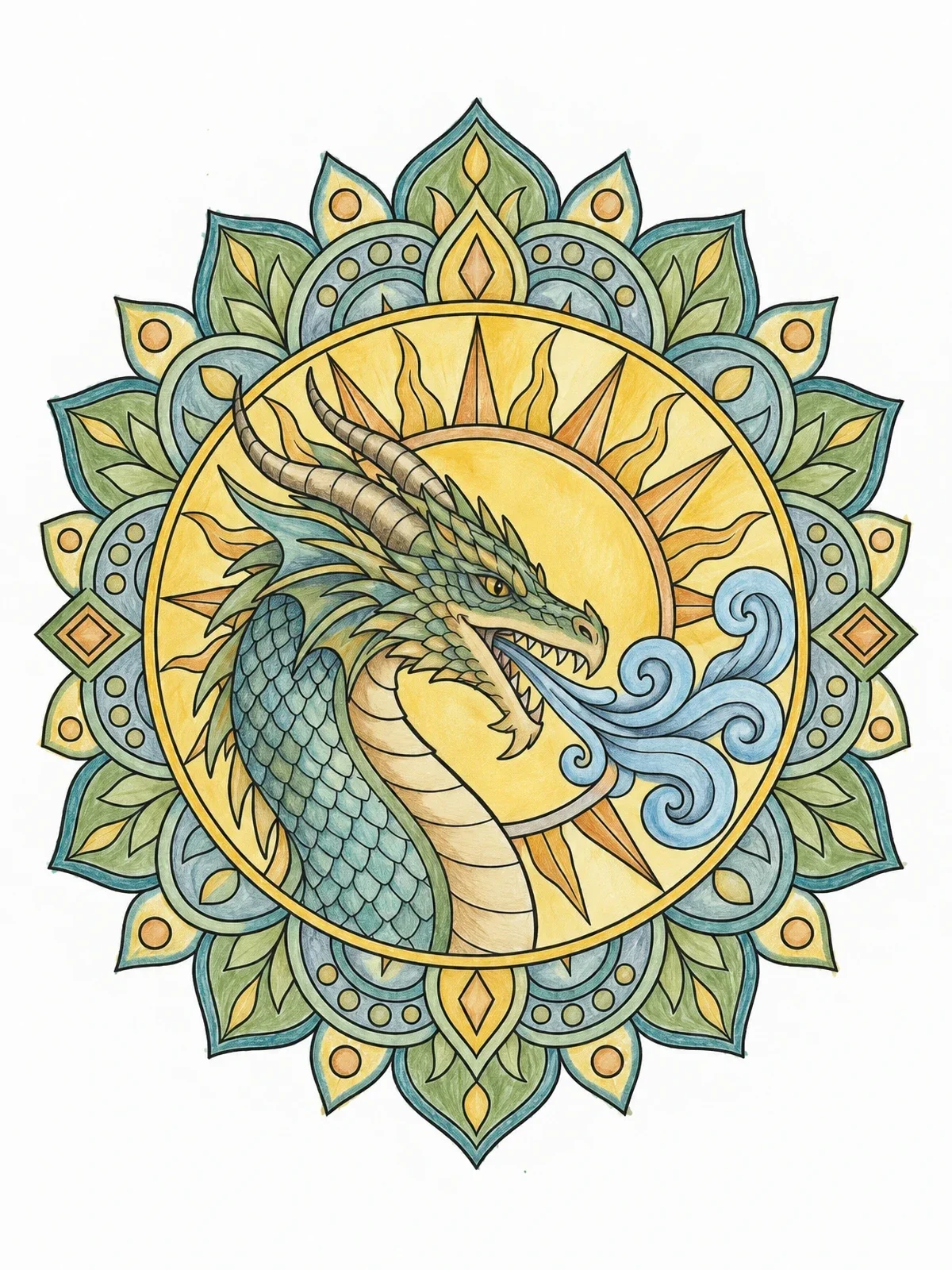 Colored example of the Horned Dragon Inside Sunburst Mandala coloring page