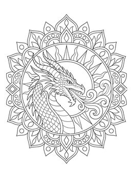 Free printable Horned Dragon Inside Sunburst Mandala coloring page