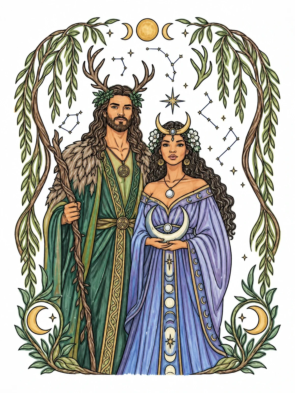 Colored example of the Horned God And Moon Goddess coloring page