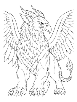 A proud horned griffin stands with open wings in this detailed monster coloring page.