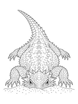A detailed lizard coloring page featuring a spiky horned lizard resting in fine desert sand.
