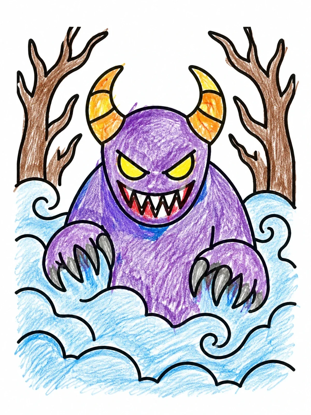 Colored example of the Horned Monster In Spooky Forest coloring page