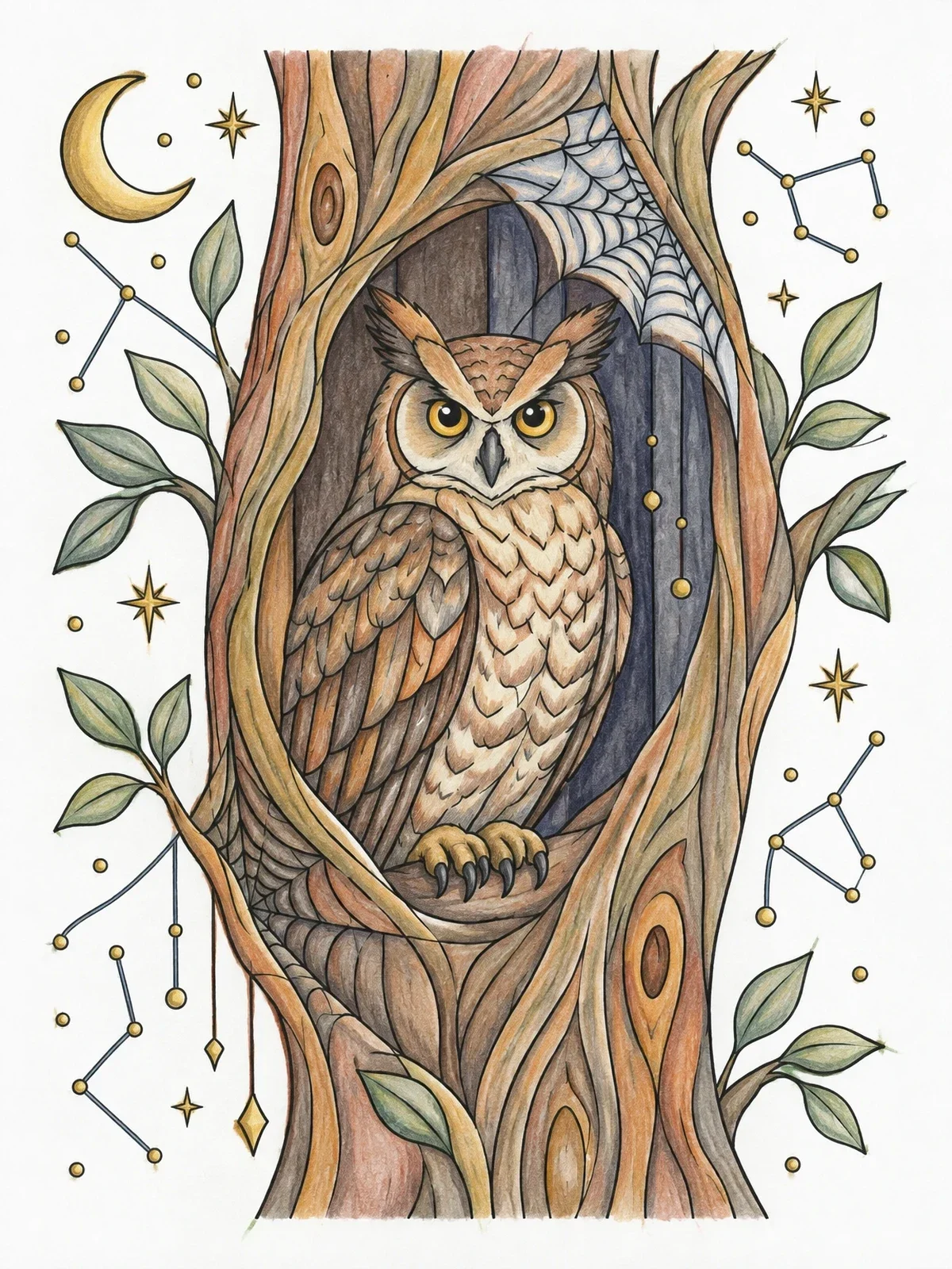 Colored example of the Horned Owl In Hollow Tree coloring page