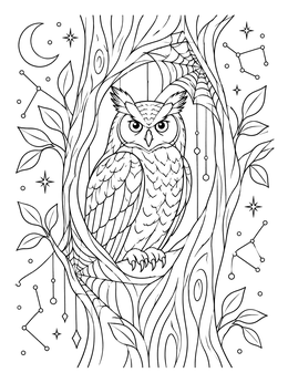 Detailed owl halloween coloring page featuring a horned owl inside a tree hollow with stars.