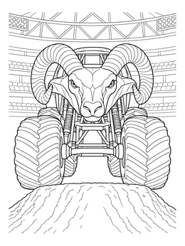 A ram monster truck coloring page facing forward atop a dirt mound in an arena.