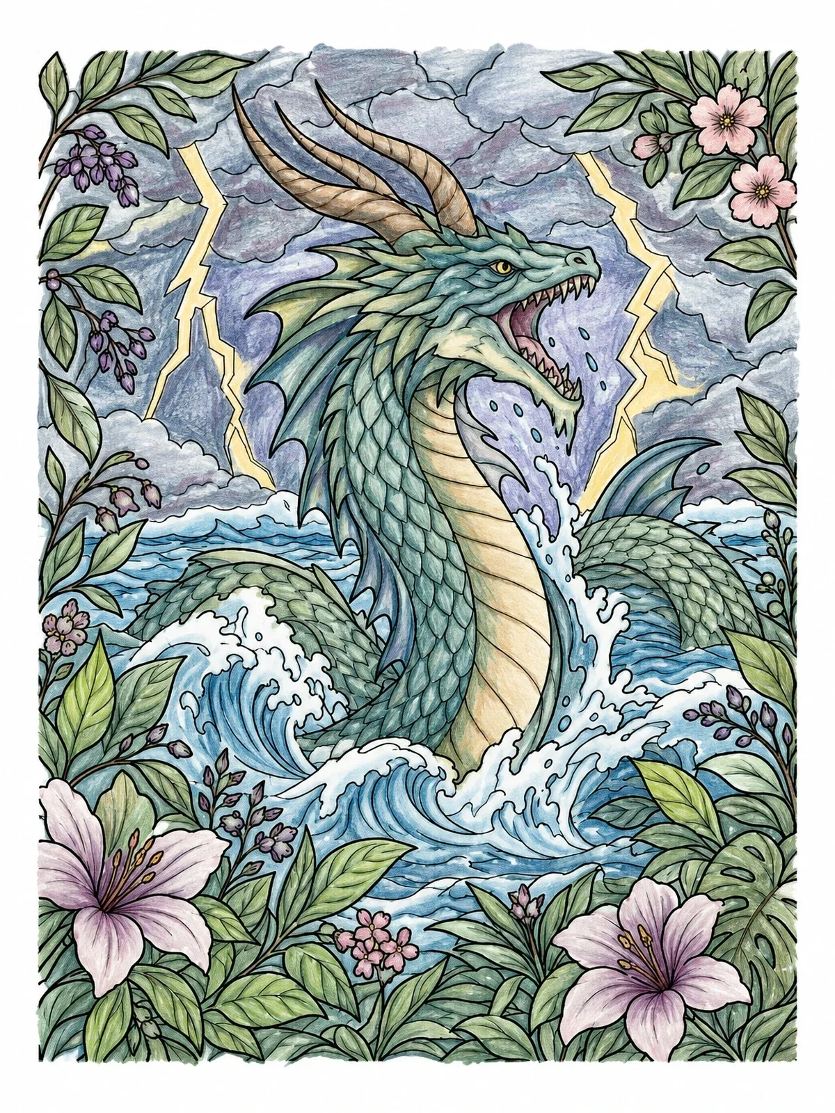 Colored example of the Horned Sea Serpent In A Lightning Storm coloring page