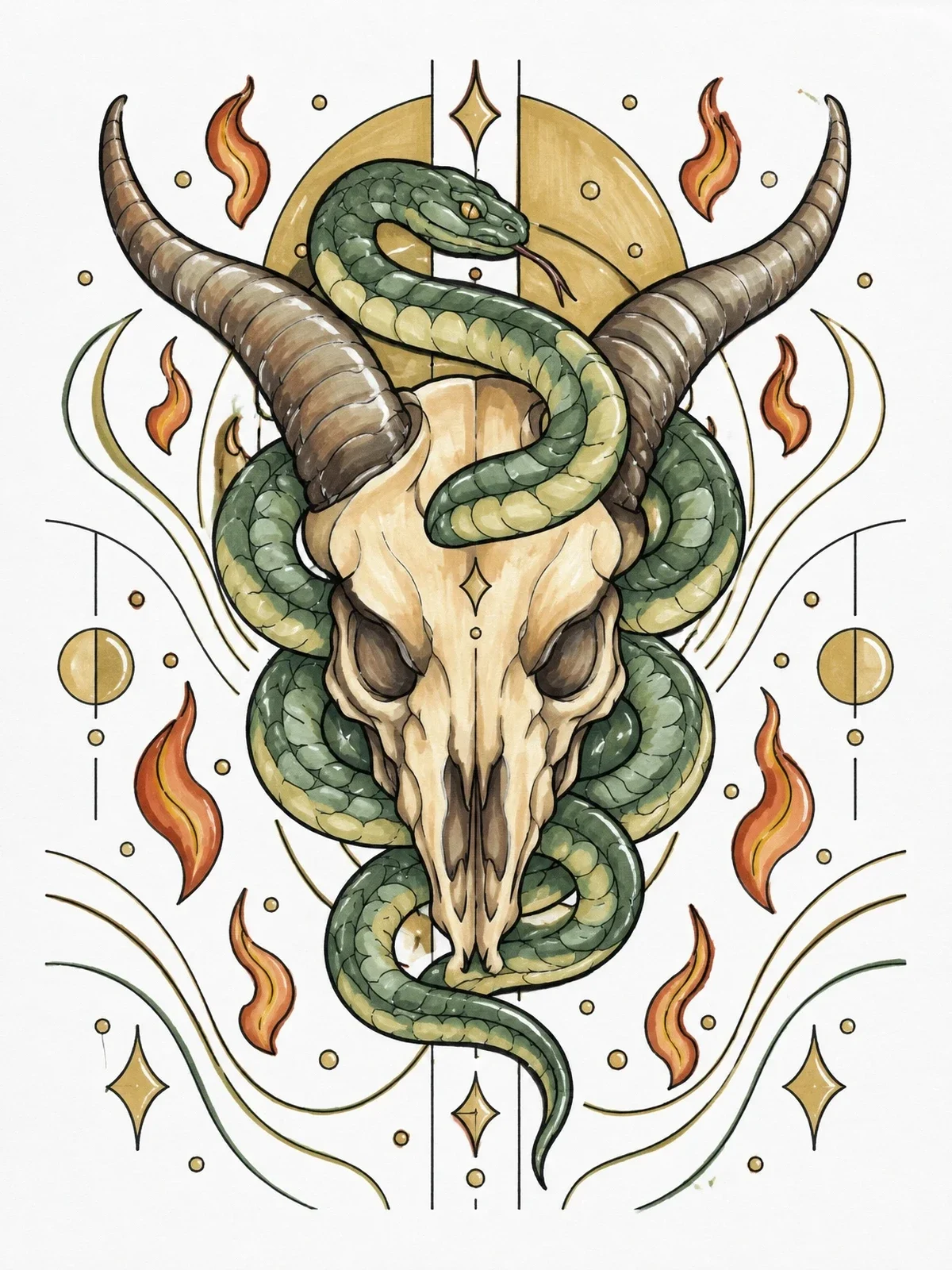 Colored example of the Horned Animal Skull With Coiling Snake coloring page