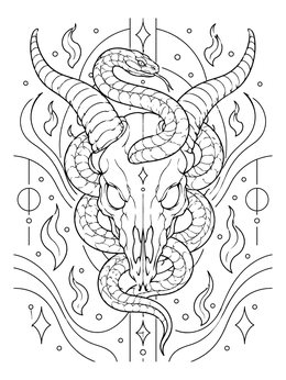 A detailed horned animal skull entwined with a snake on this halloween scary skull coloring page.