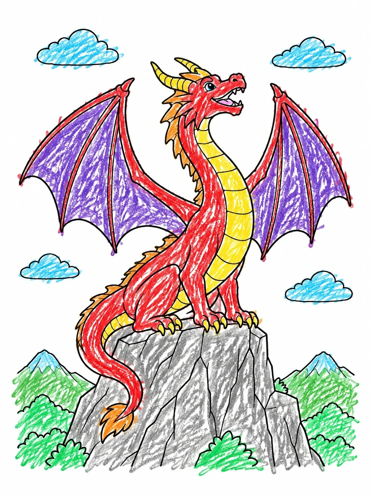 Colored example of the Horned Dragon On Mountain Peak coloring page