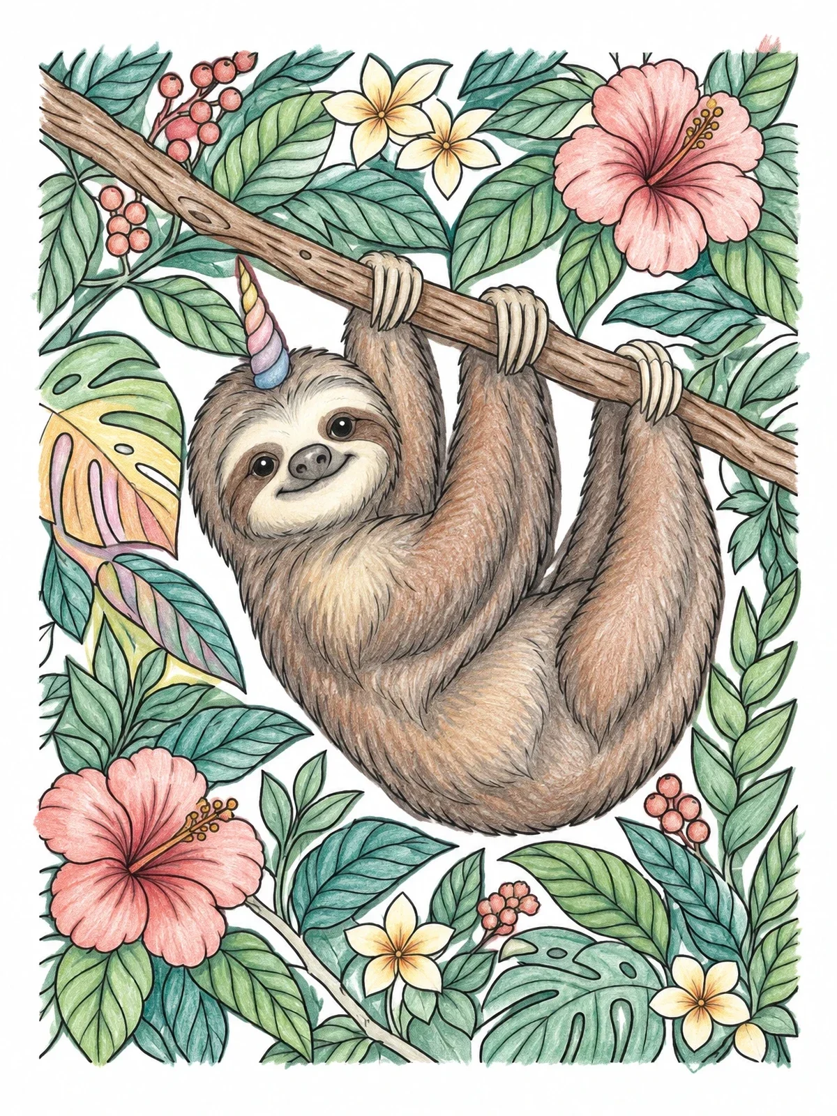 Colored example of the Unicorn Sloth In Tropical Canopy coloring page
