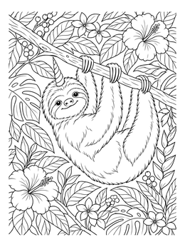 A cute horned sloth hangs from a branch in this detailed unicorn coloring page.