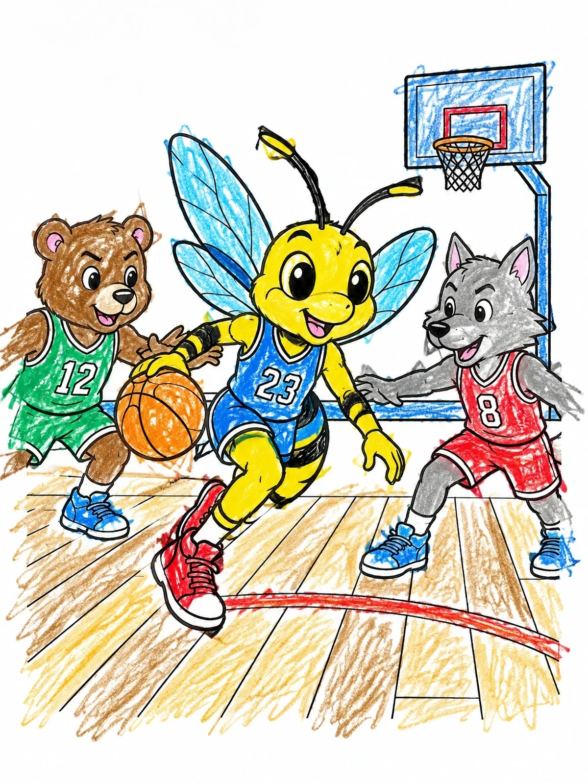 Colored example of the Hornet Basketball Mascot Dribbling Past Defenders coloring page