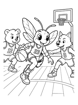 A cheerful hornet coloring page showing a mascot dribbling a basketball past animal defenders on the court.