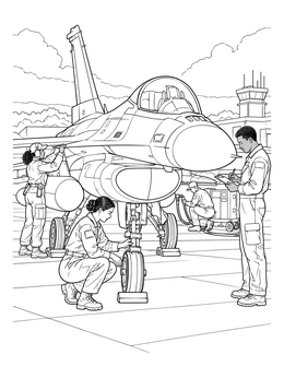 Ground crew inspecting a fighter jet on this detailed hornet coloring page.