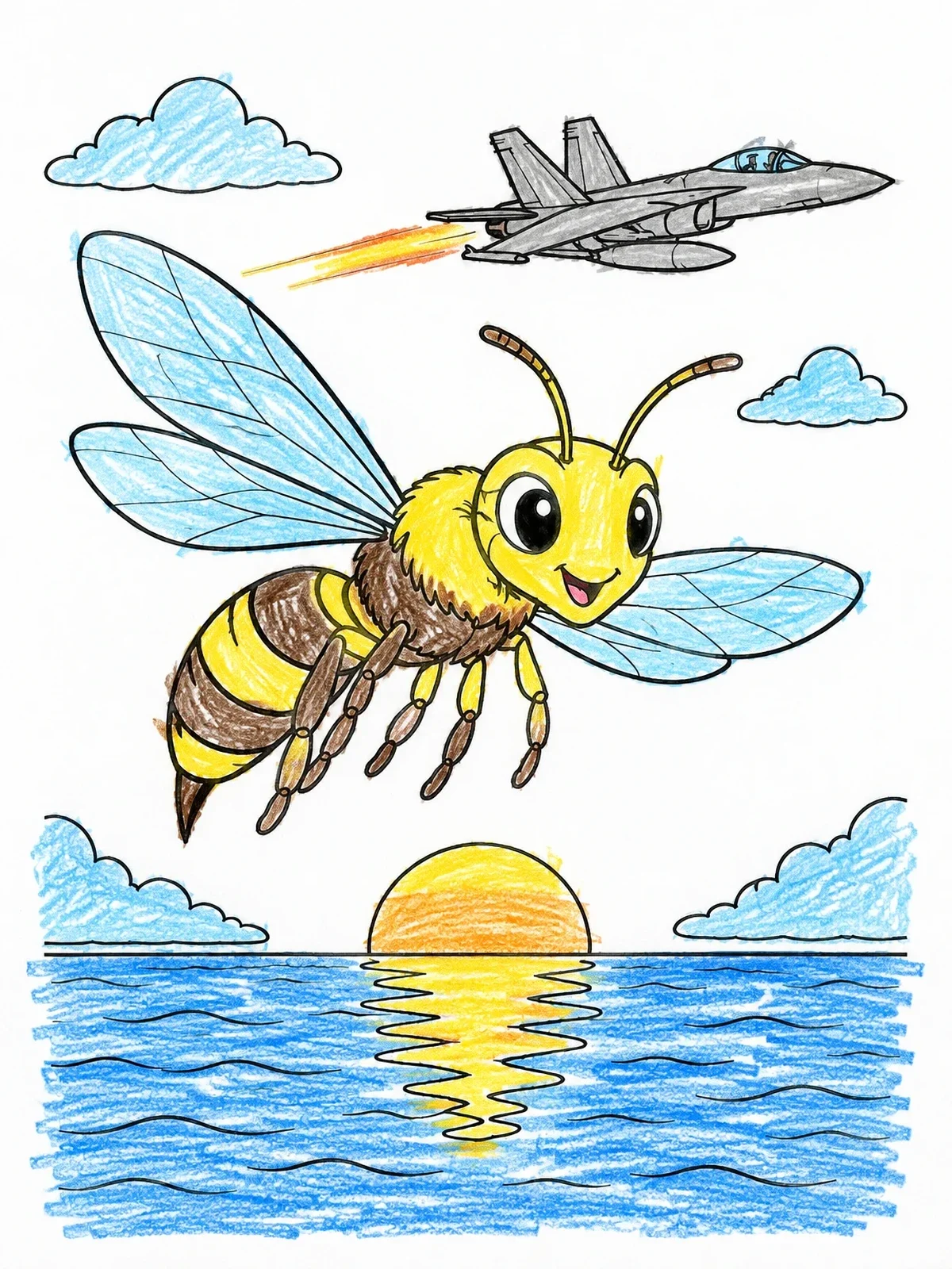 Colored example of the Hornet And Jet Flying Over Ocean coloring page
