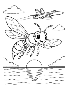 Free printable Hornet And Jet Flying Over Ocean coloring page
