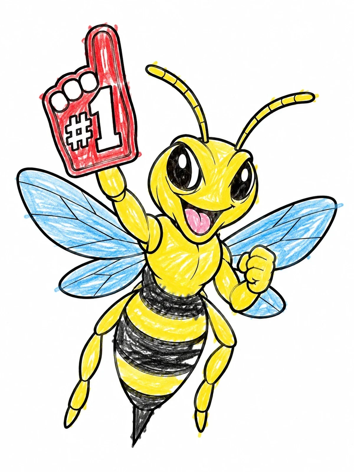 Colored example of the Cheerful Hornet Mascot With Foam Finger coloring page