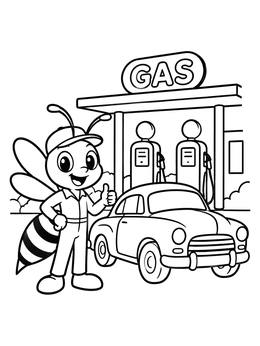 In this hornet coloring page, a cheerful cartoon bee mechanic stands by a classic vintage car at a gas station.