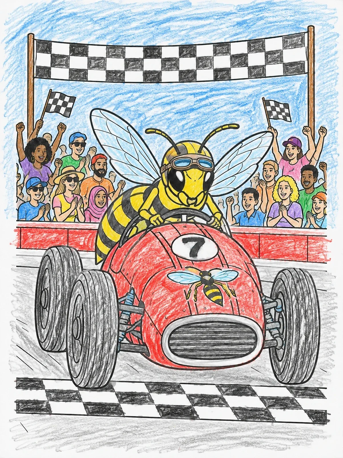 Colored example of the Hornet Racer At The Finish Line coloring page