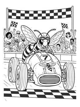 A hornet coloring page showing an insect driver in a vintage race car crossing the finish line before cheering fans.