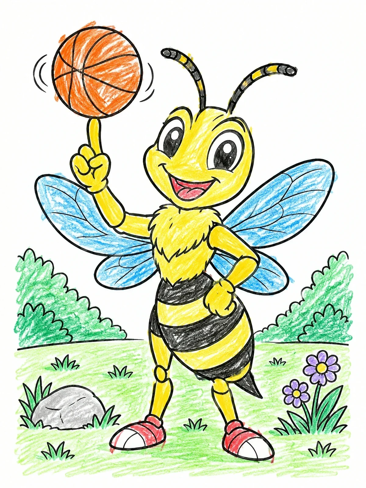 Colored example of the Hornet Mascot Spinning A Basketball coloring page