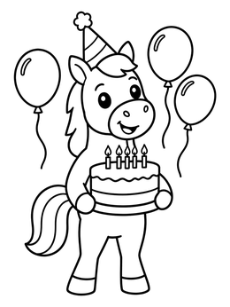 A cheerful pony celebrates in this horse coloring page featuring a birthday cake and balloons.