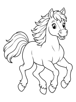 A cheerful pony running in a horse coloring page.