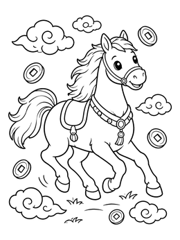 A cheerful pony gallops among clouds and lucky coins in this horse coloring page.