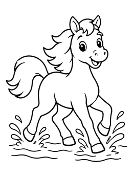 A cheerful pony splashing in puddles on this fun horse coloring page.