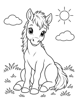 A sweet baby pony in a sunny meadow features on this horse coloring page.