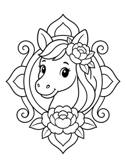 A sweet horse coloring page with a smiling pony surrounded by flowers and ornamental scrolls.