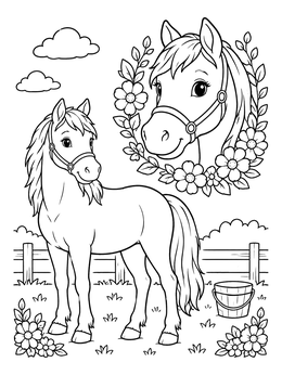 Free printable Cute Pony With Floral Wreath Portrait coloring page