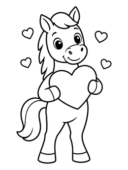 A sweet horse coloring page featuring a cartoon pony holding a large heart.