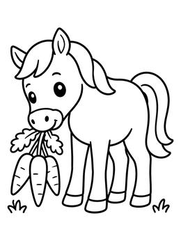 Free printable Cute Pony Holding Fresh Carrots coloring page